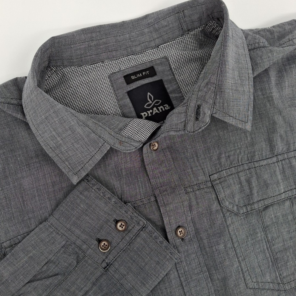 prAna Button Front Shirt Men XL Grey Slim Fit Organic Cotton Long Sleeve